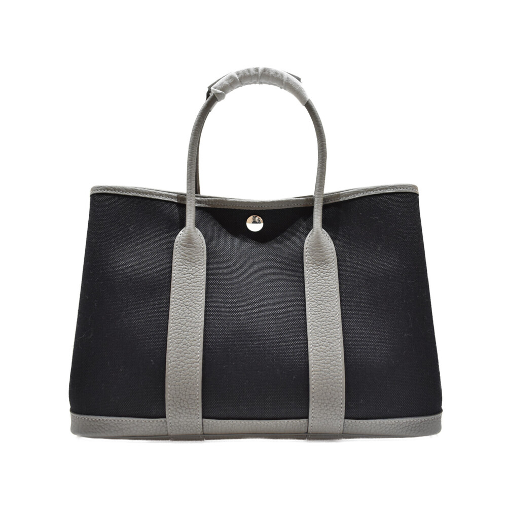 HERMES Garden Party T Canvas Leather Handbag Black Gray Bag - Picture 4 of 7